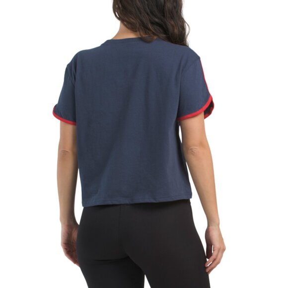 MLB BLUE MULTI Premier Wordmark Dolphin Hem Crop Top - Picture 2 of 2